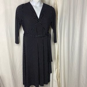 TALBOTS 14 Black White Polka Dot MIDI Dress Belt Smooth Poly Spandex